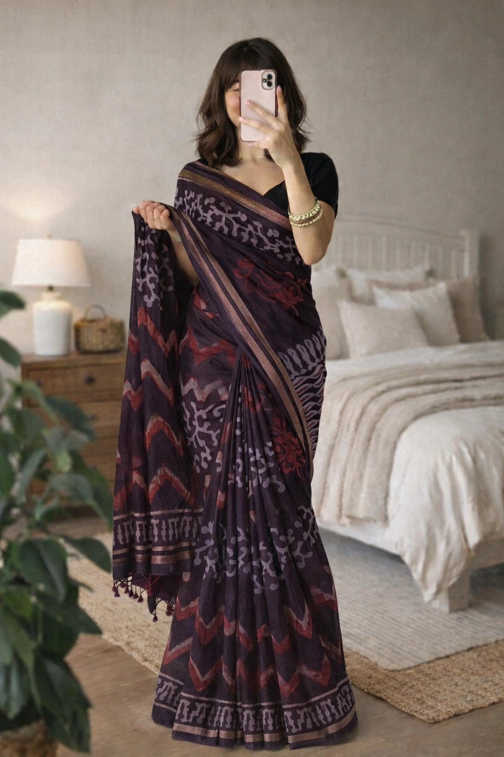 Jaipuri Art Silk Saree with Bagru Katch Print