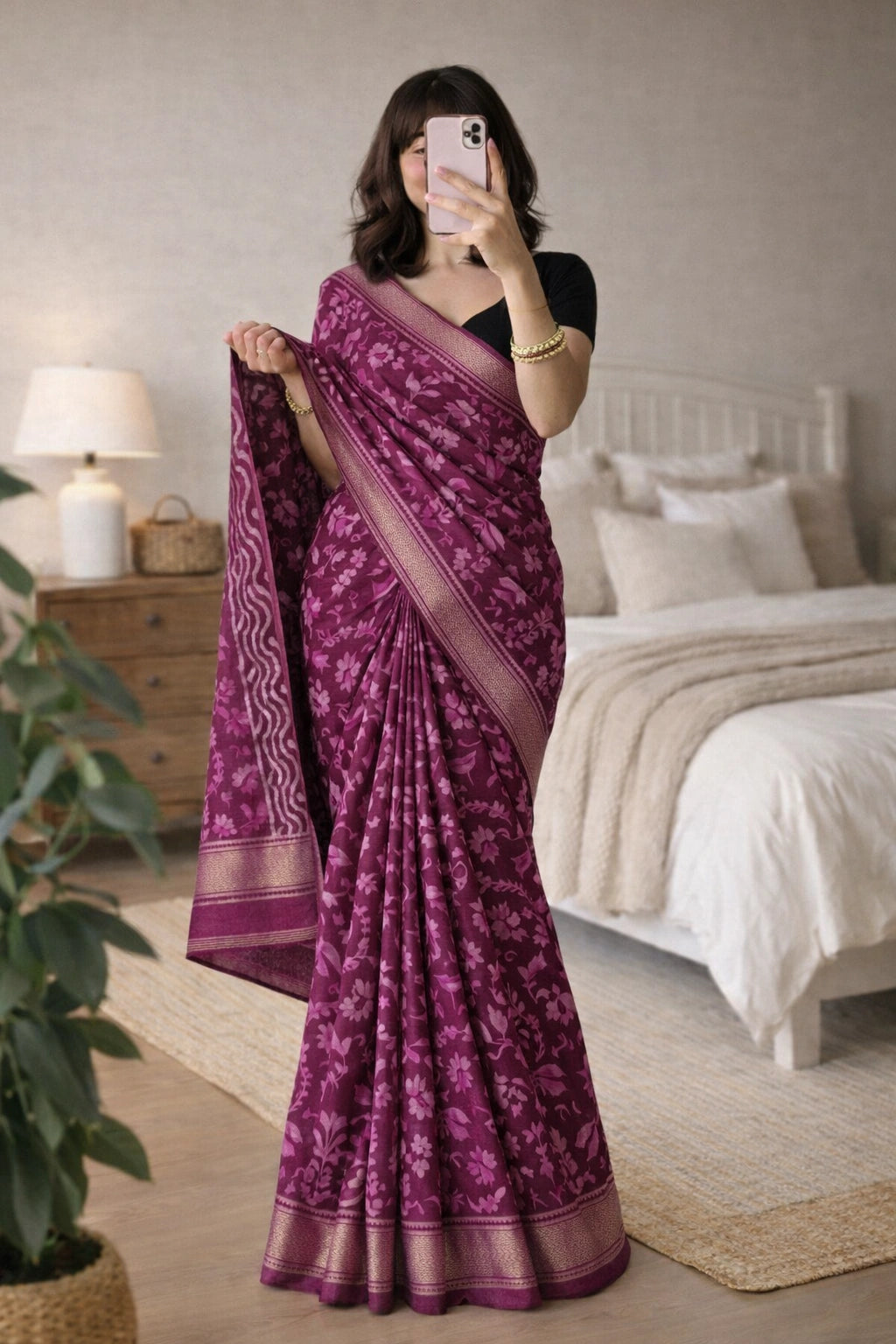 Maheshwari Dabu Block Print Saree